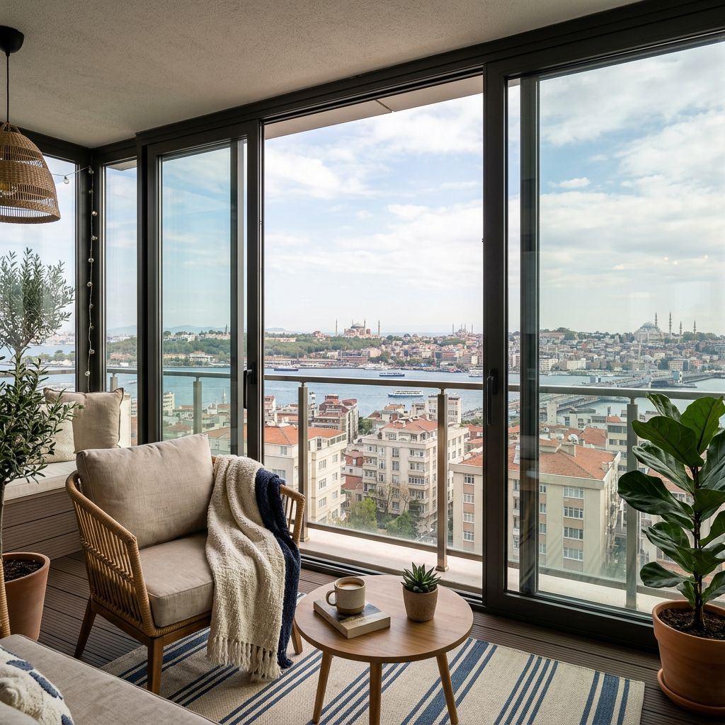 Katlanır cam balkon sistemi uygulanmış balkon